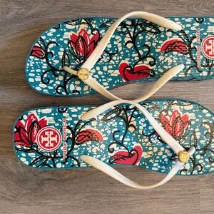 Tory Burch Blue and Red Floral Sandals